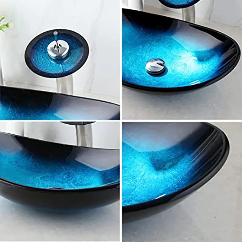 Tempered Glass Bathroom Vessel Sink with Waterfall