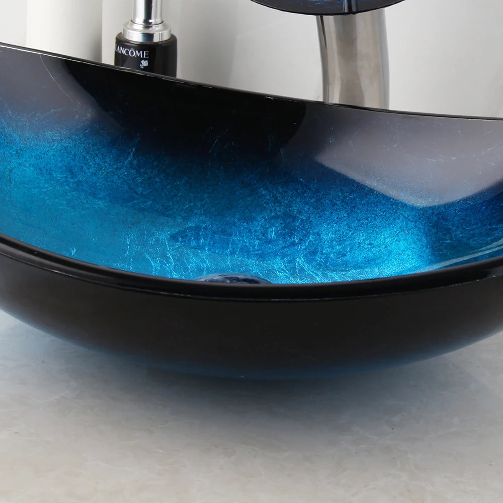 Tempered Glass Bathroom Vessel Sink with Waterfall