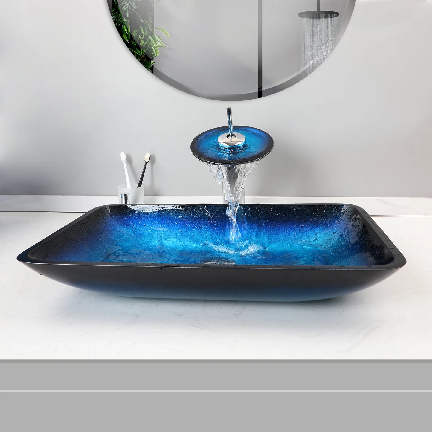 Tempered Glass Bathroom Vessel Sink with Waterfall