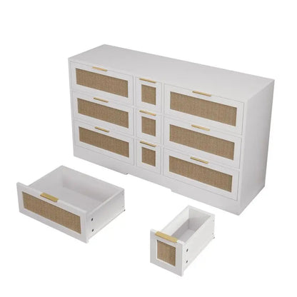 51.2” White Rattan Storage Locker with 9 Drawers
