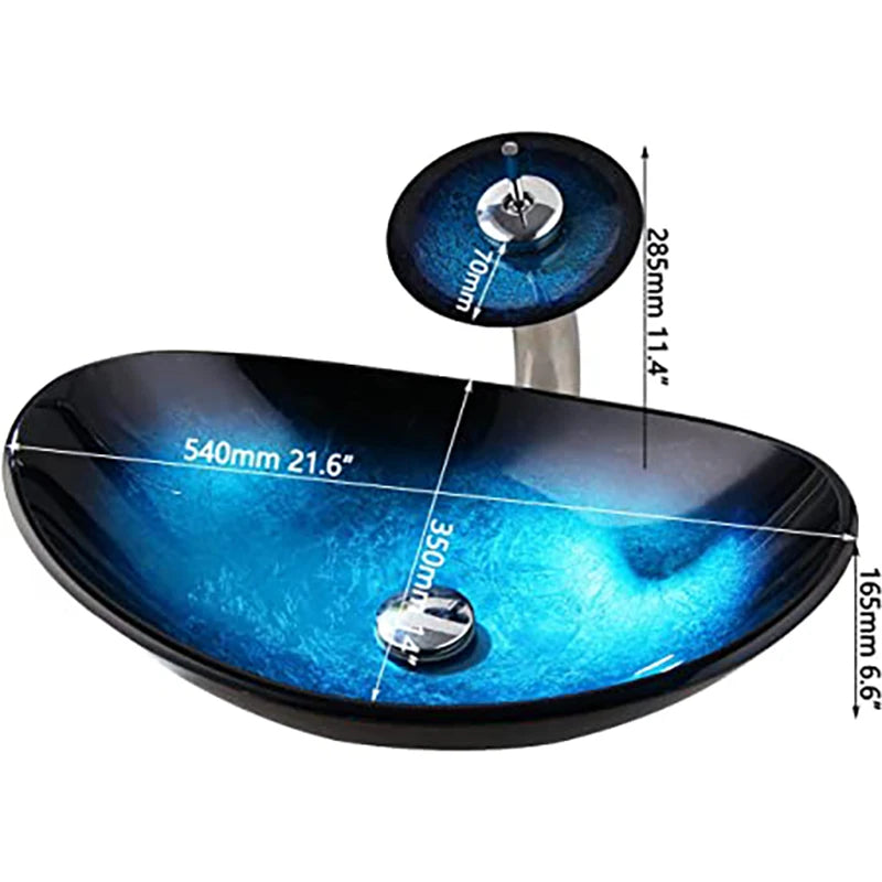 Tempered Glass Bathroom Vessel Sink with Waterfall