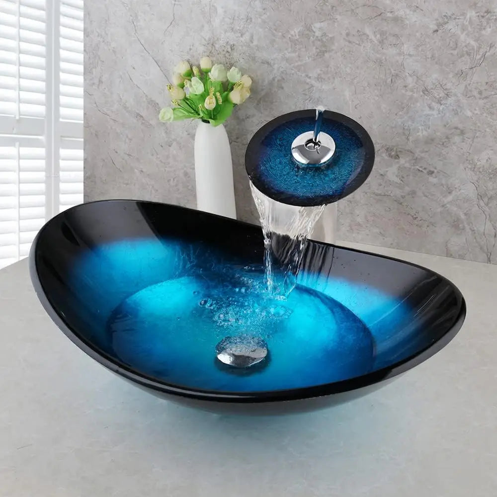 Tempered Glass Bathroom Vessel Sink with Waterfall