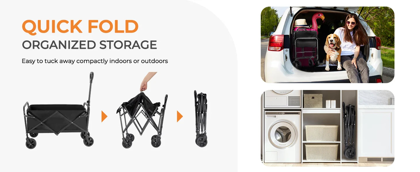 Heavy Duty Wagon Carts Foldable, Portable Wagons for Groceries, Beach Cart with All-Terrain Wheels  Drink Holders, Utility Wagon