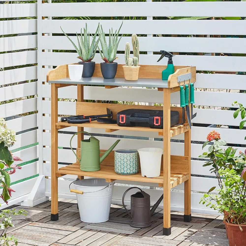 Potting Table w/Metal Tabletop for Gardening