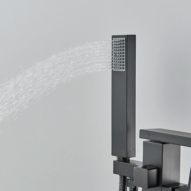 Matte Black Square Bathtub Shower Faucets Floor Standing Faucet Hot Cold Water Shower Mixer Tap Bathroom Waterfall Mixer