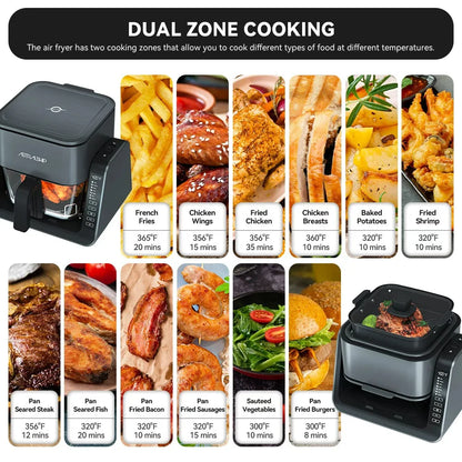 2-in-1 Glass Air Fryer & Grill Combo, 4.2 QT + 1.3 QT Capacity, 7 Digital Presets, Small, Non-Toxic See-Through Glass Bowl