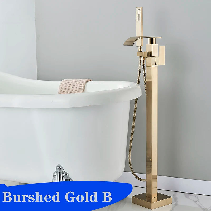 Matte Black Square Bathtub Shower Faucets Floor Standing Faucet Hot Cold Water Shower Mixer Tap Bathroom Waterfall Mixer