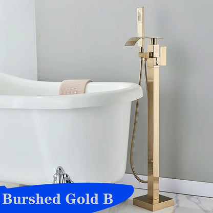 Matte Black Square Bathtub Shower Faucets Floor Standing Faucet Hot Cold Water Shower Mixer Tap Bathroom Waterfall Mixer