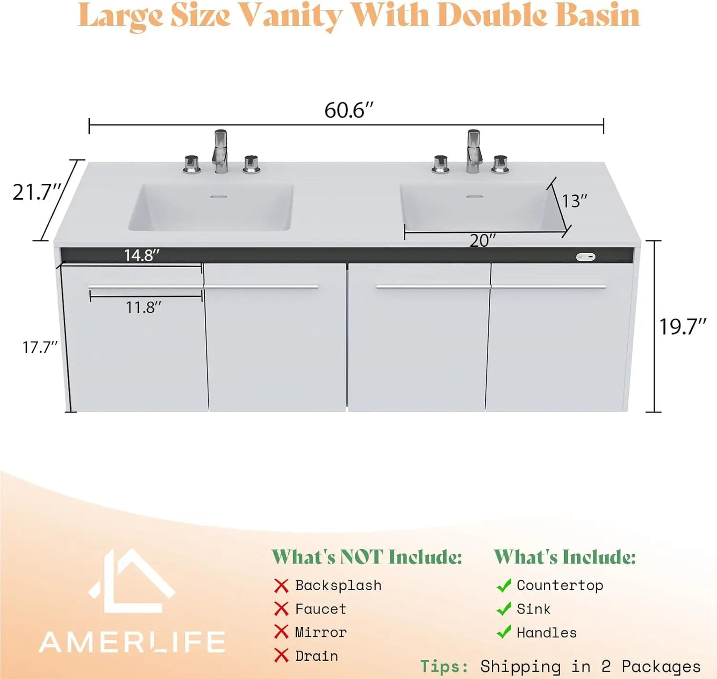 60" LED Floating Double Vanity with Sink Combo
