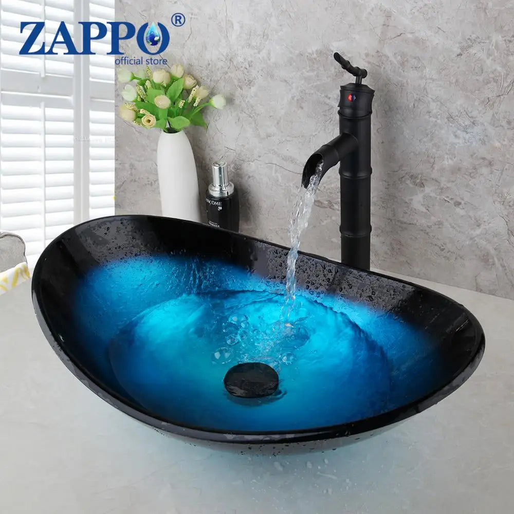 Tempered Glass Bathroom Vessel Sink with Waterfall