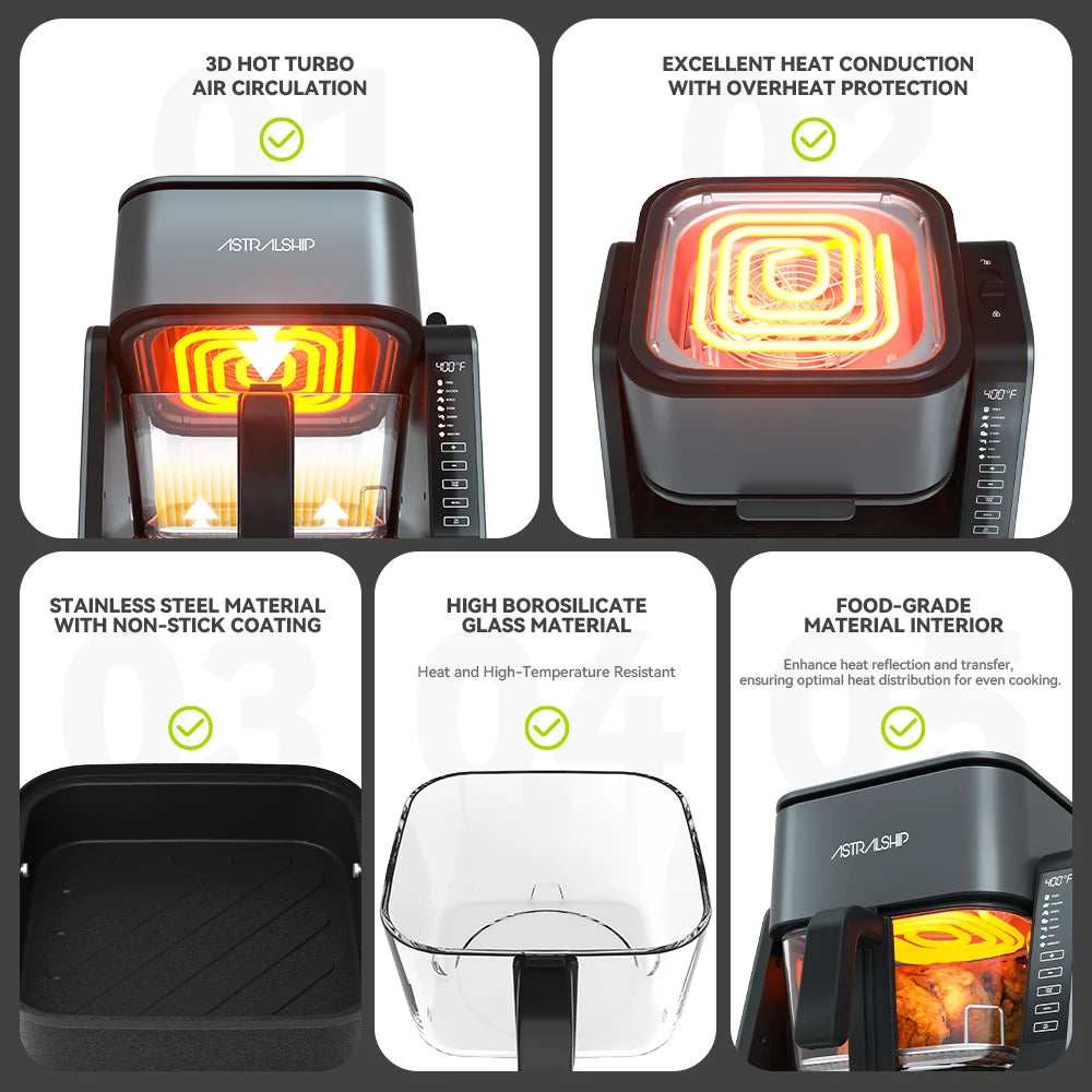 2-in-1 Glass Air Fryer & Grill Combo, 4.2 QT + 1.3 QT Capacity, 7 Digital Presets, Small, Non-Toxic See-Through Glass Bowl