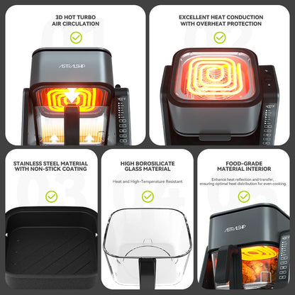 2-in-1 Glass Air Fryer & Grill Combo, 4.2 QT + 1.3 QT Capacity, 7 Digital Presets, Small, Non-Toxic See-Through Glass Bowl