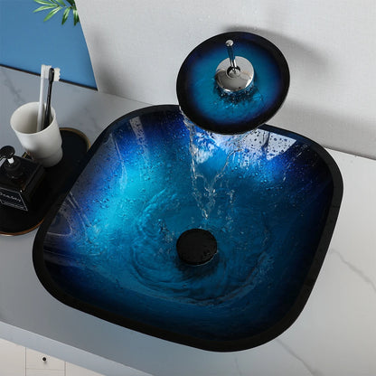 Tempered Glass Bathroom Vessel Sink with Waterfall