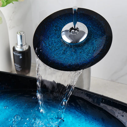 Tempered Glass Bathroom Vessel Sink with Waterfall