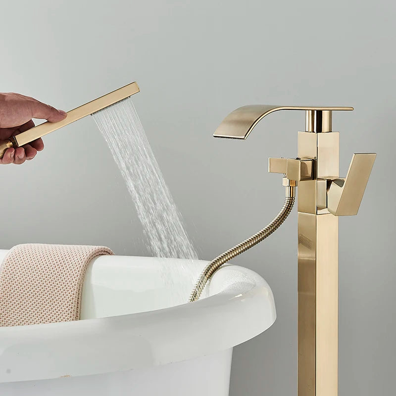 Matte Black Square Bathtub Shower Faucets Floor Standing Faucet Hot Cold Water Shower Mixer Tap Bathroom Waterfall Mixer