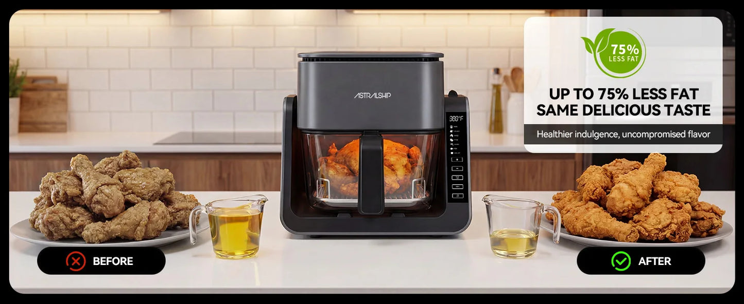 2-in-1 Glass Air Fryer & Grill Combo, 4.2 QT + 1.3 QT Capacity, 7 Digital Presets, Small, Non-Toxic See-Through Glass Bowl