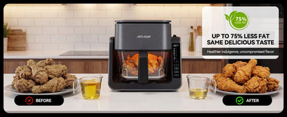 2-in-1 Glass Air Fryer & Grill Combo, 4.2 QT + 1.3 QT Capacity, 7 Digital Presets, Small, Non-Toxic See-Through Glass Bowl