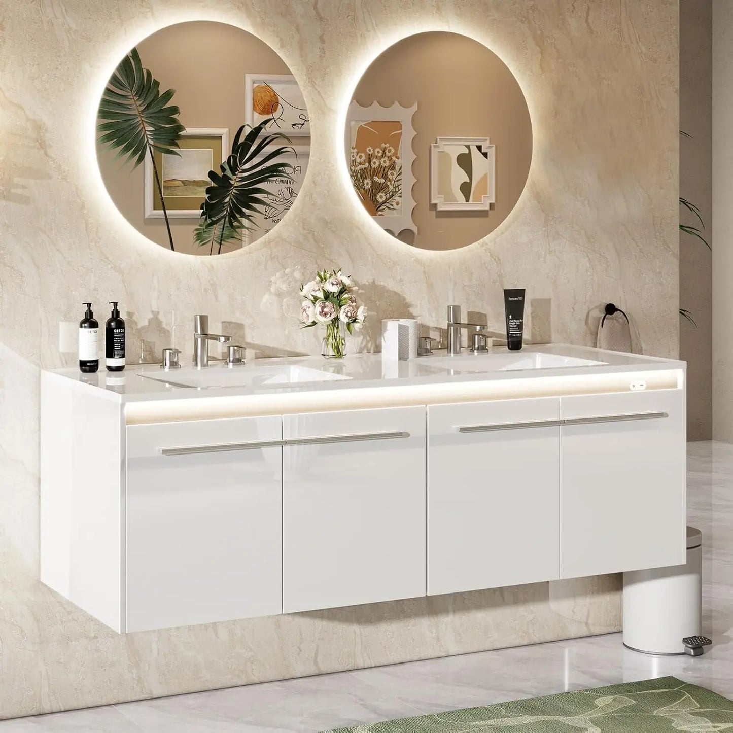 60" LED Floating Double Vanity with Sink Combo