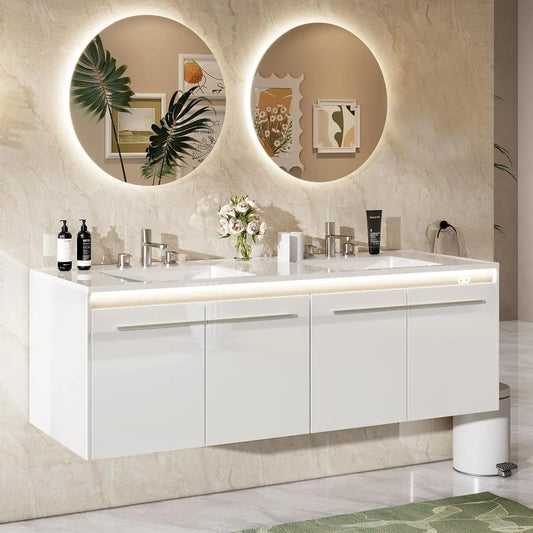 60" LED Floating Double Vanity with Sink Combo