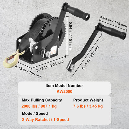 Hand Winch for Boat Trailer Winch Heavy Duty Rope Crank Polyester Strap & Two-Way Ratchet Manual Operated Hand Crank Winch