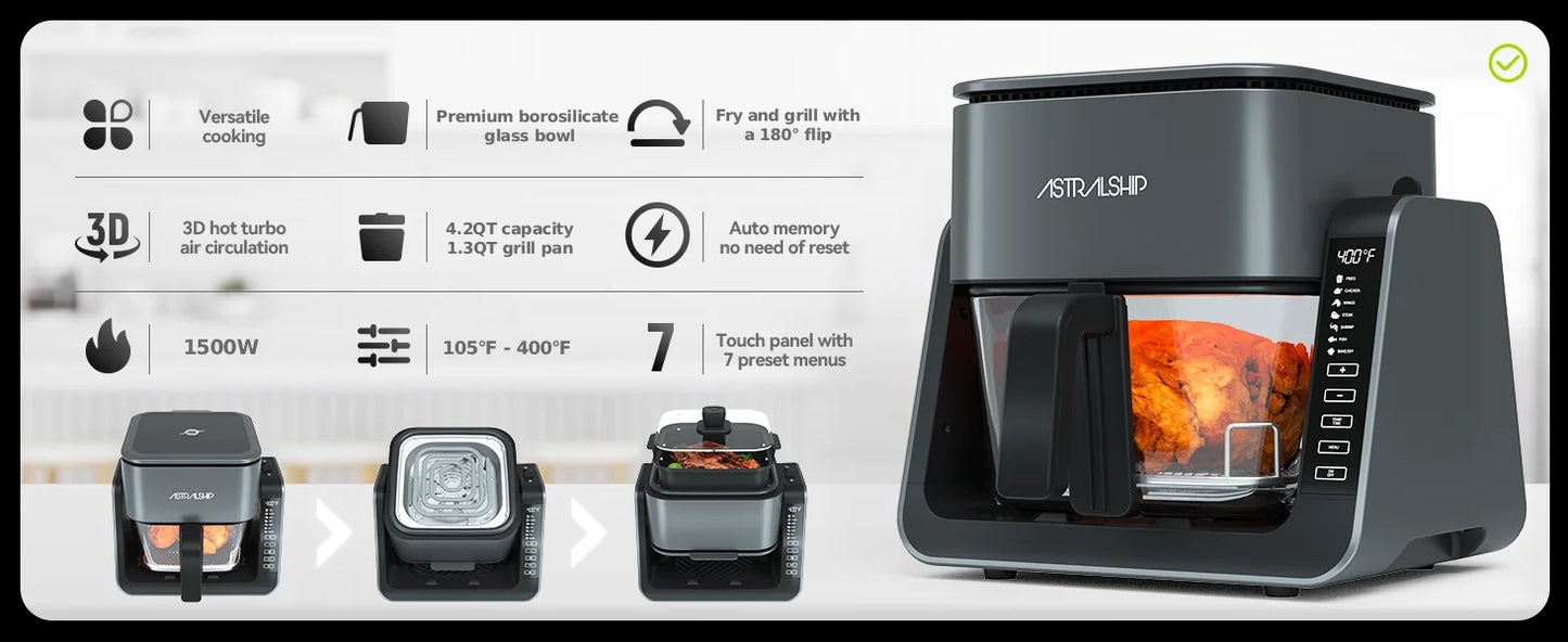 2-in-1 Glass Air Fryer & Grill Combo, 4.2 QT + 1.3 QT Capacity, 7 Digital Presets, Small, Non-Toxic See-Through Glass Bowl