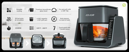2-in-1 Glass Air Fryer & Grill Combo, 4.2 QT + 1.3 QT Capacity, 7 Digital Presets, Small, Non-Toxic See-Through Glass Bowl