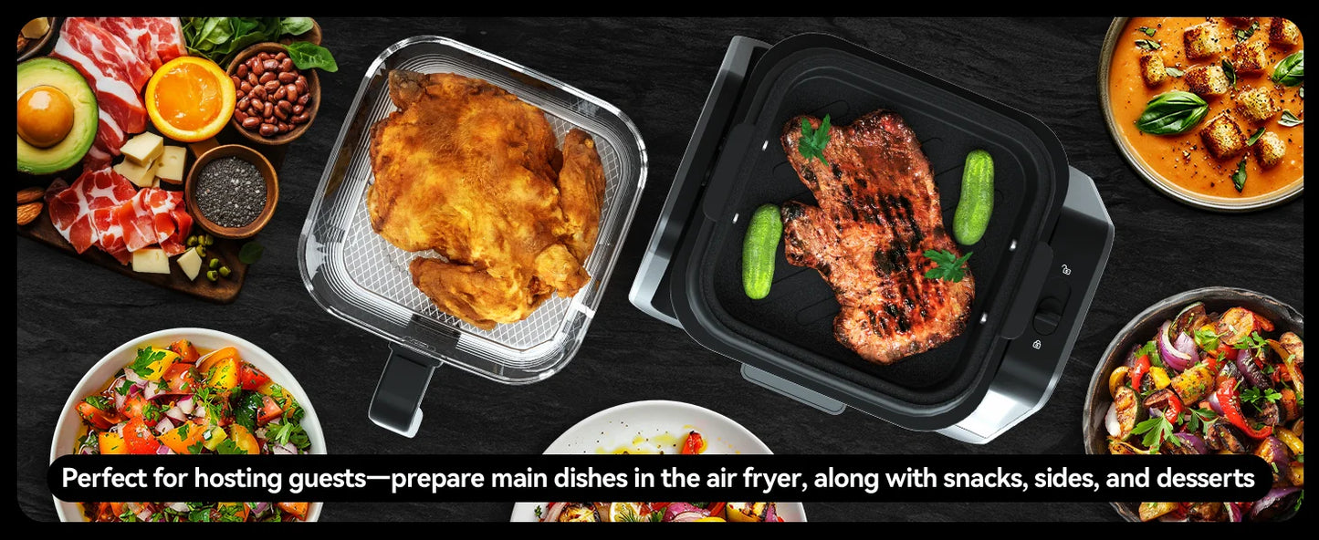 2-in-1 Glass Air Fryer & Grill Combo, 4.2 QT + 1.3 QT Capacity, 7 Digital Presets, Small, Non-Toxic See-Through Glass Bowl