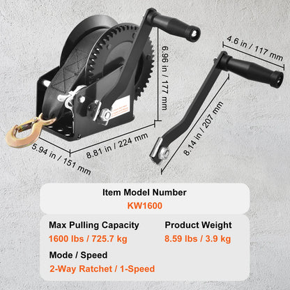 Hand Winch for Boat Trailer Winch Heavy Duty Rope Crank Polyester Strap & Two-Way Ratchet Manual Operated Hand Crank Winch