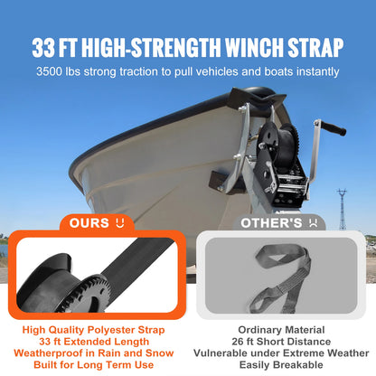 Hand Winch for Boat Trailer Winch Heavy Duty Rope Crank Polyester Strap & Two-Way Ratchet Manual Operated Hand Crank Winch