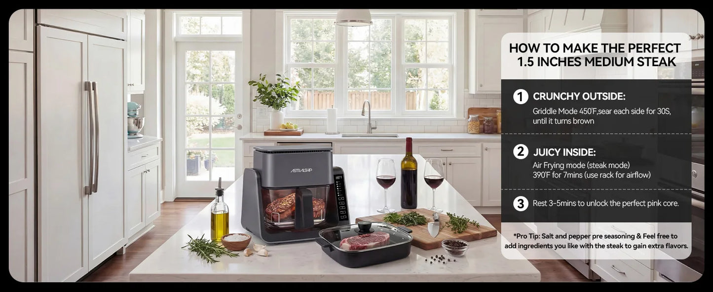 2-in-1 Glass Air Fryer & Grill Combo, 4.2 QT + 1.3 QT Capacity, 7 Digital Presets, Small, Non-Toxic See-Through Glass Bowl