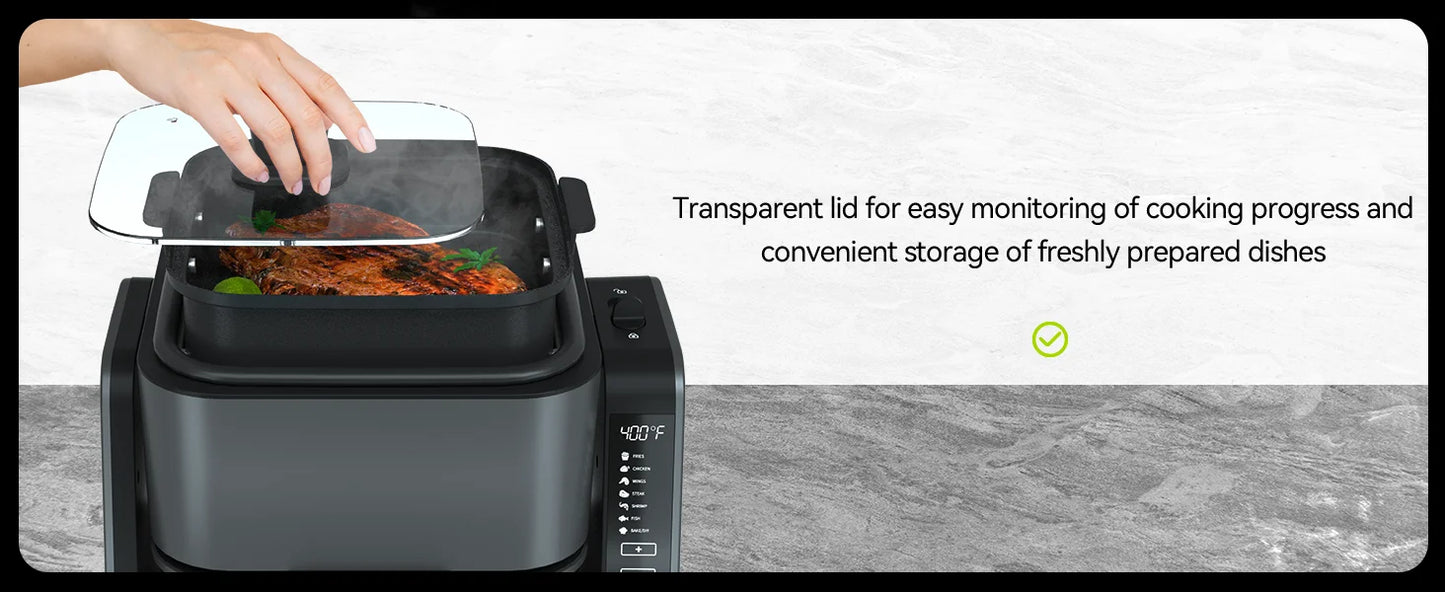 2-in-1 Glass Air Fryer & Grill Combo, 4.2 QT + 1.3 QT Capacity, 7 Digital Presets, Small, Non-Toxic See-Through Glass Bowl
