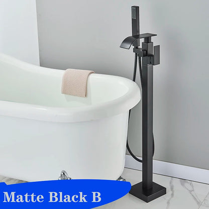 Matte Black Square Bathtub Shower Faucets Floor Standing Faucet Hot Cold Water Shower Mixer Tap Bathroom Waterfall Mixer