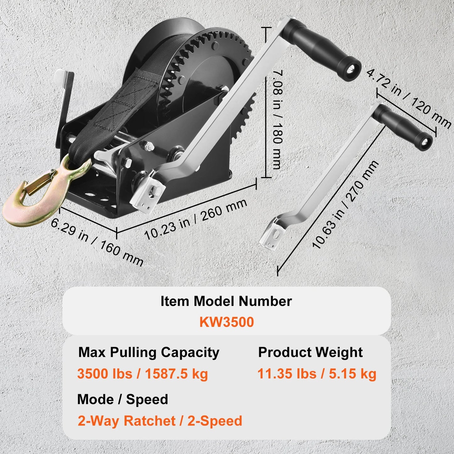 Hand Winch for Boat Trailer Winch Heavy Duty Rope Crank Polyester Strap & Two-Way Ratchet Manual Operated Hand Crank Winch