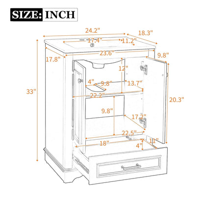 24in Wood Bathroom Vanity Cabinet Ceramic Sink