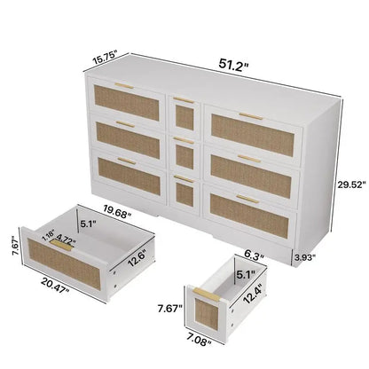 51.2” White Rattan Storage Locker with 9 Drawers