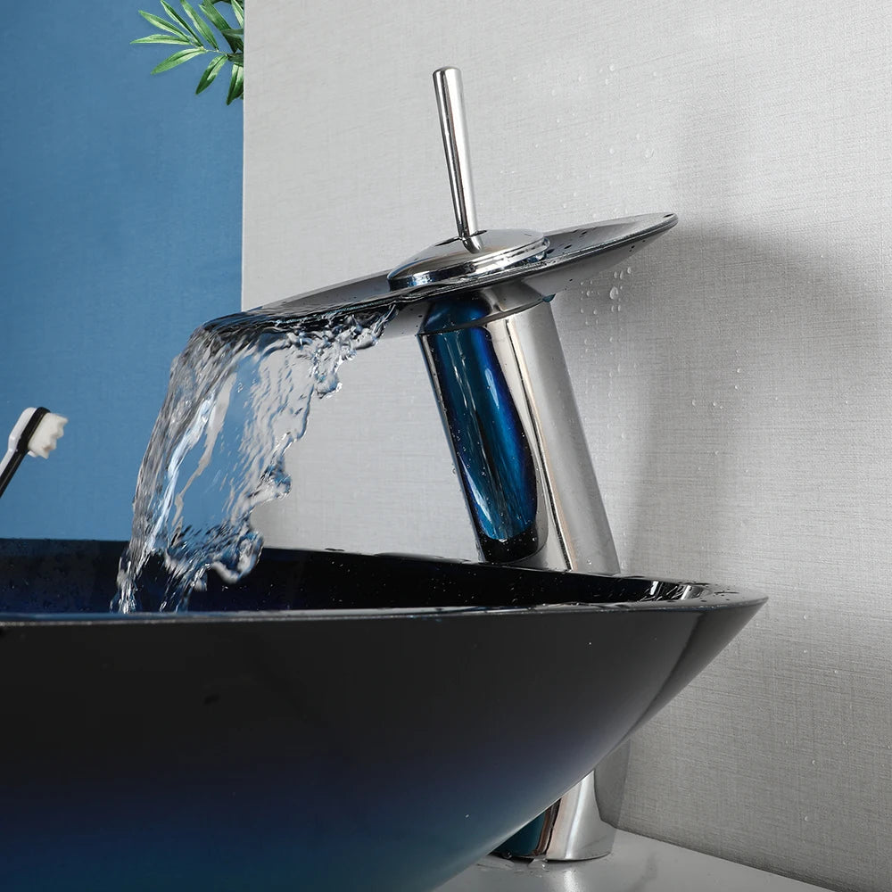 Tempered Glass Bathroom Vessel Sink with Waterfall