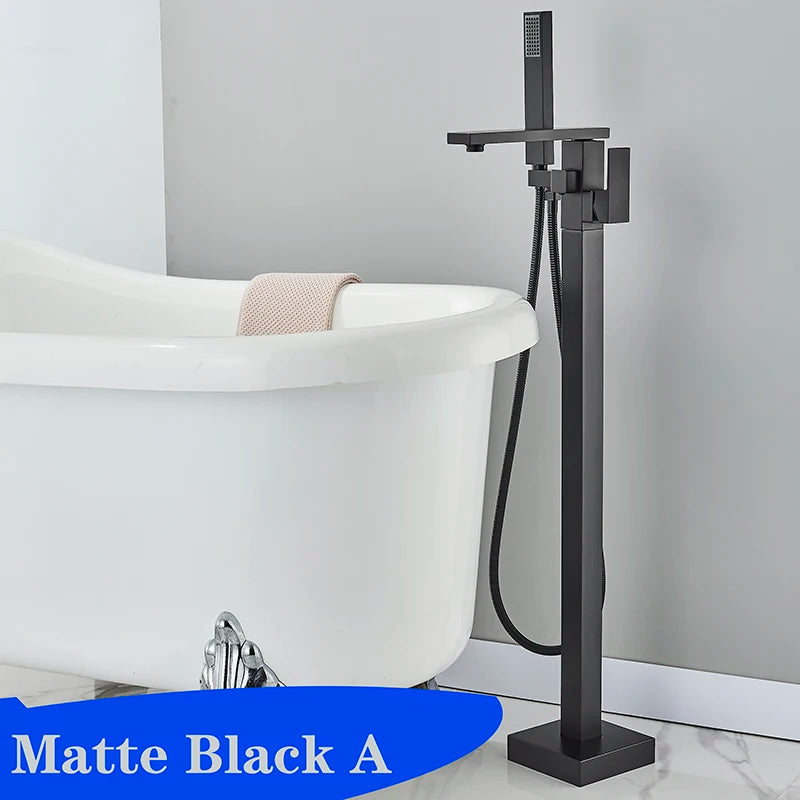 Matte Black Square Bathtub Shower Faucets Floor Standing Faucet Hot Cold Water Shower Mixer Tap Bathroom Waterfall Mixer