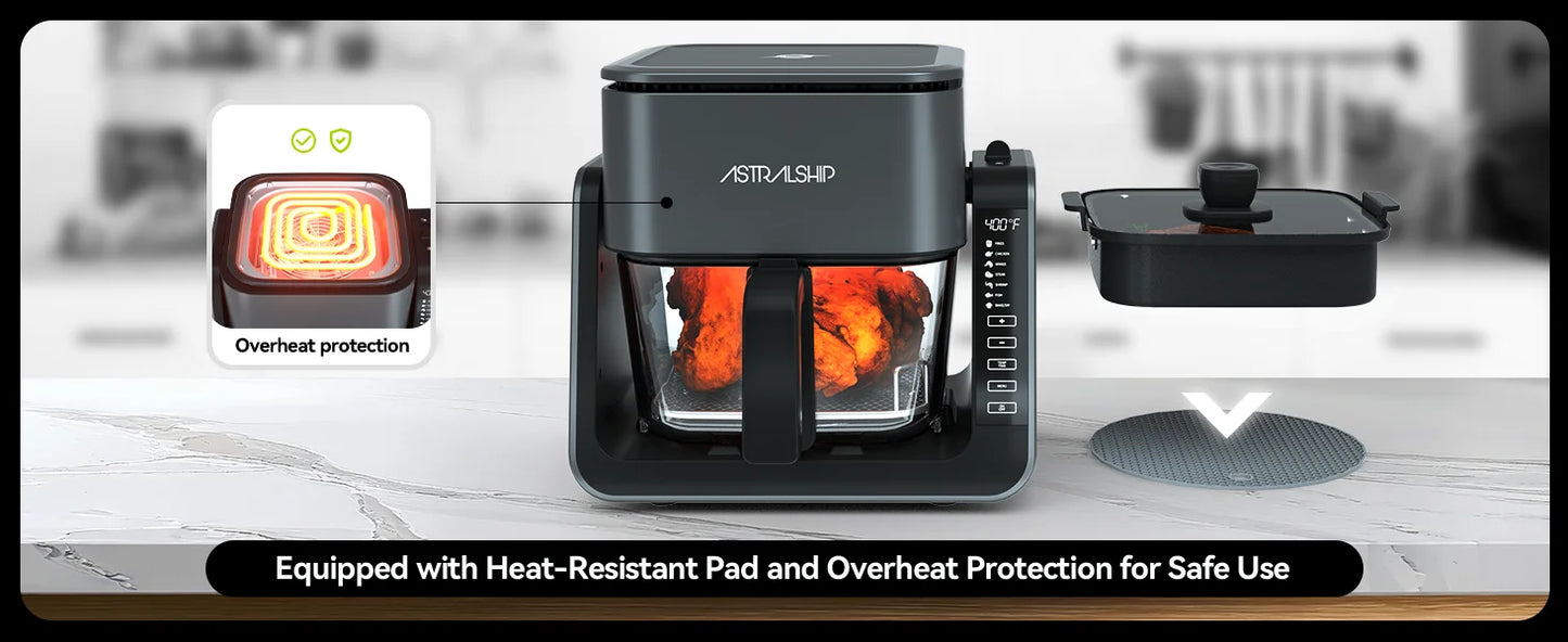 2-in-1 Glass Air Fryer & Grill Combo, 4.2 QT + 1.3 QT Capacity, 7 Digital Presets, Small, Non-Toxic See-Through Glass Bowl
