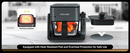 2-in-1 Glass Air Fryer & Grill Combo, 4.2 QT + 1.3 QT Capacity, 7 Digital Presets, Small, Non-Toxic See-Through Glass Bowl