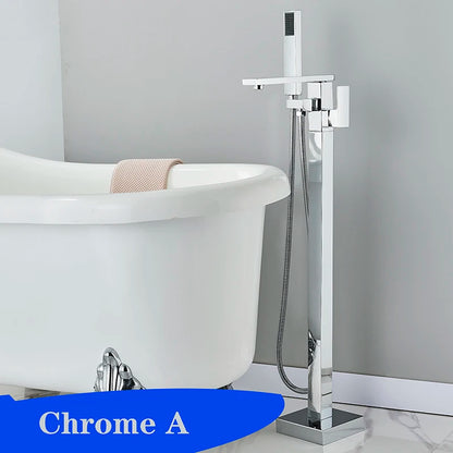 Matte Black Square Bathtub Shower Faucets Floor Standing Faucet Hot Cold Water Shower Mixer Tap Bathroom Waterfall Mixer