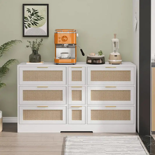 51.2” White Rattan Storage Locker with 9 Drawers