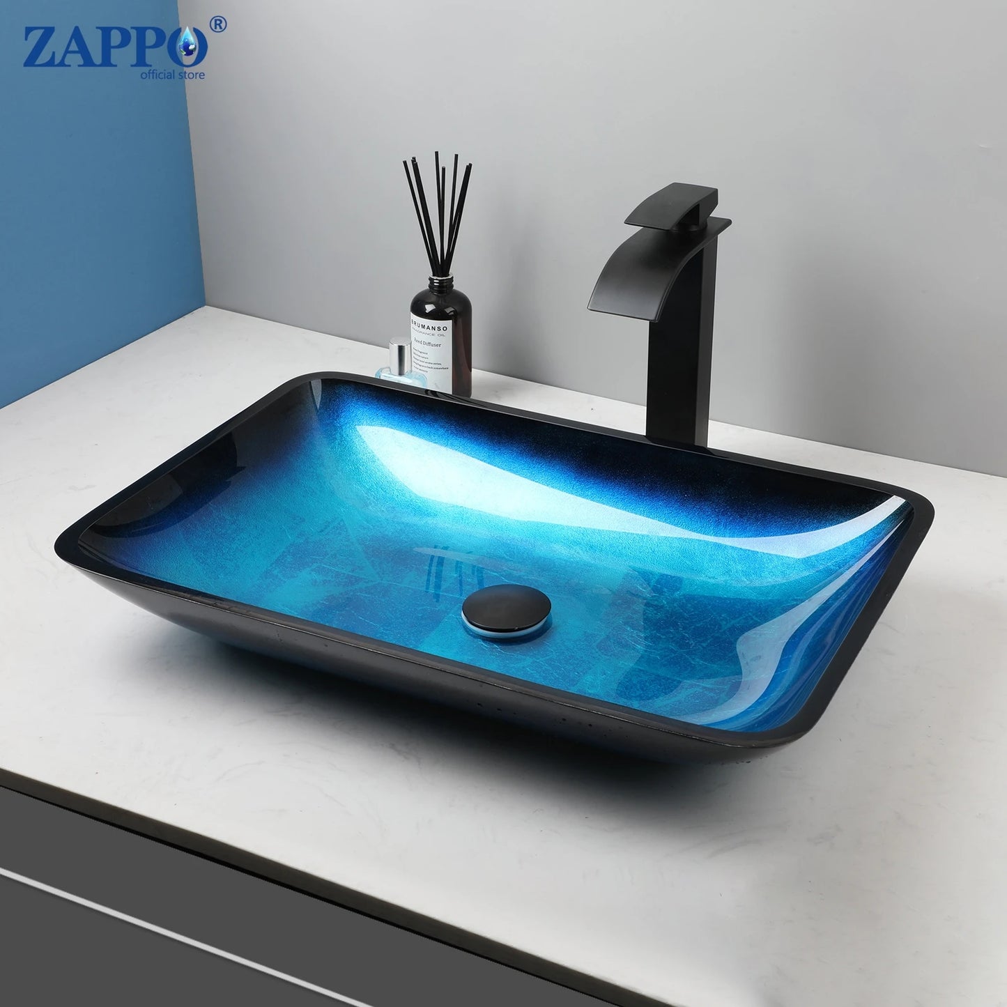Tempered Glass Bathroom Vessel Sink with Waterfall