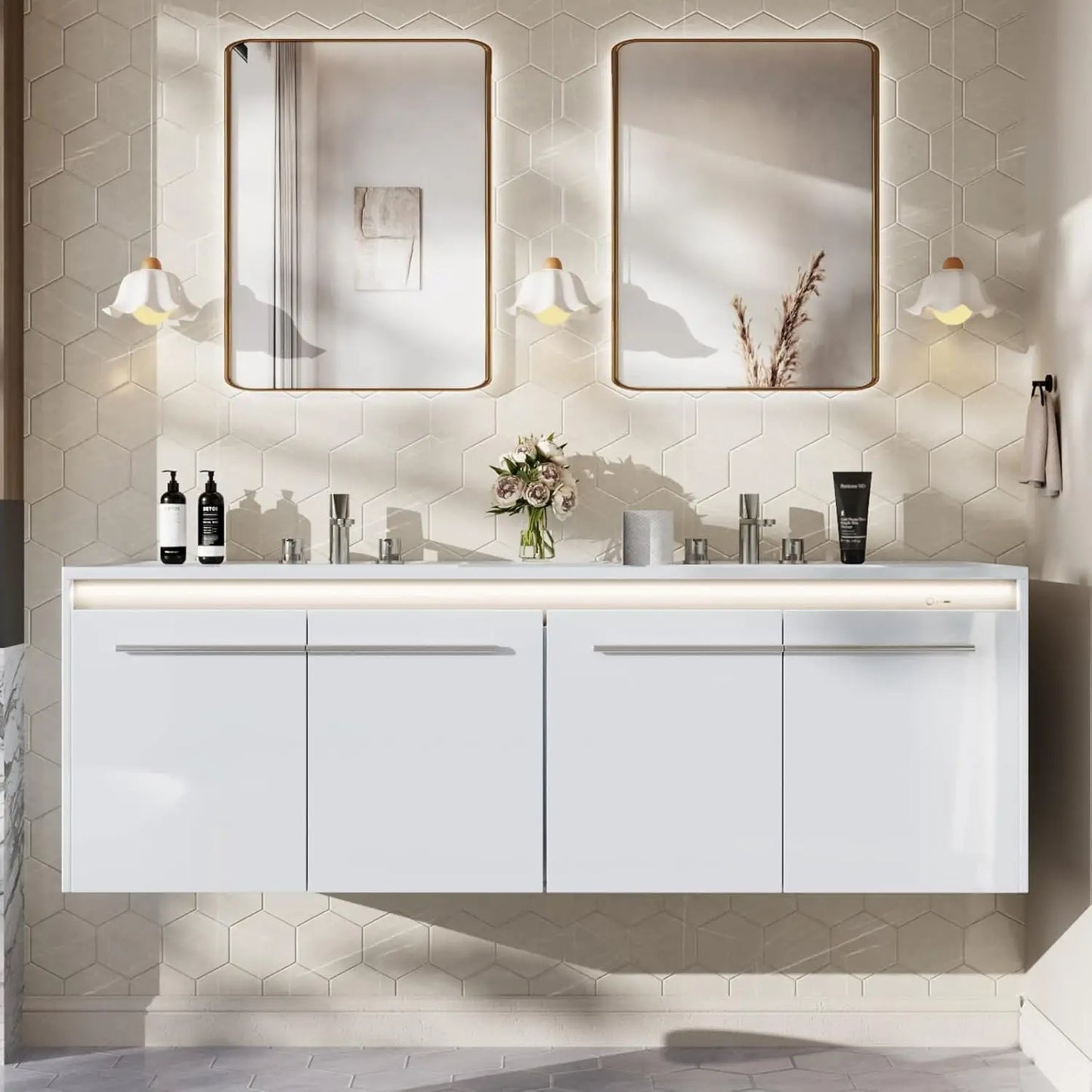 60" LED Floating Double Vanity with Sink Combo