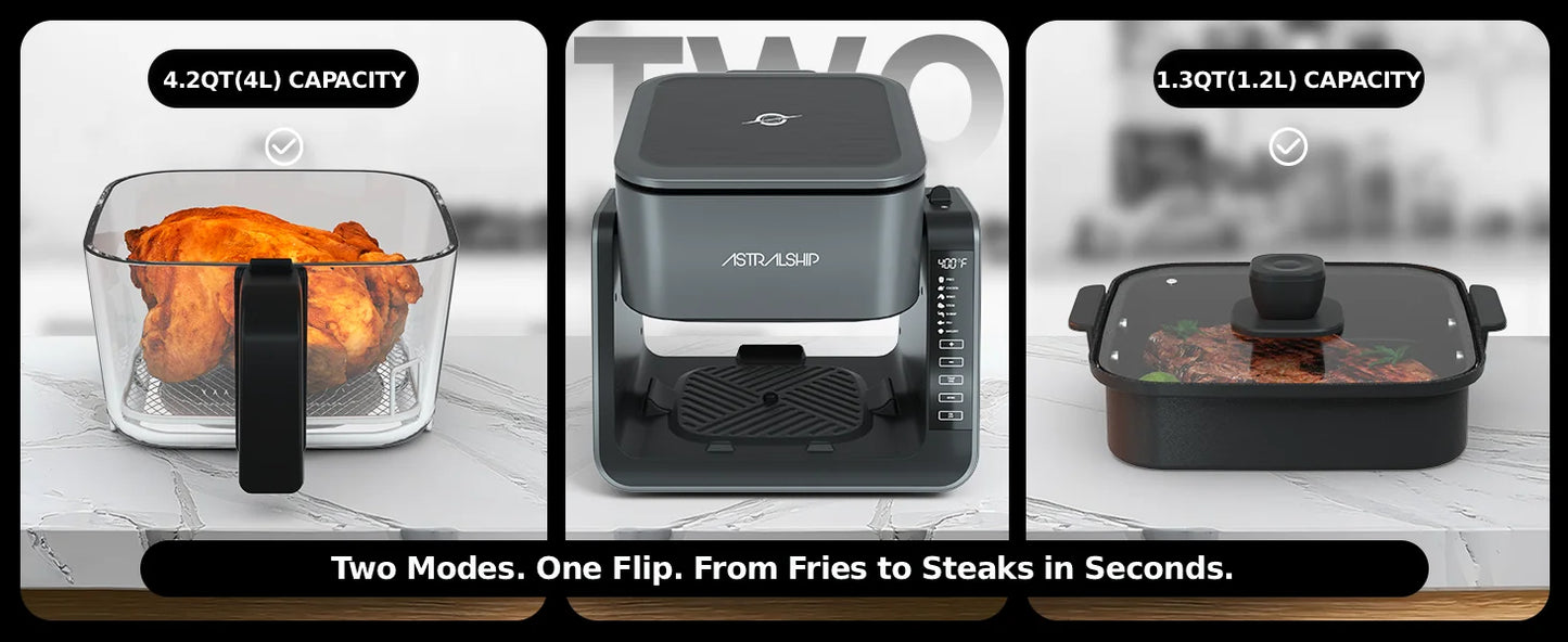 2-in-1 Glass Air Fryer & Grill Combo, 4.2 QT + 1.3 QT Capacity, 7 Digital Presets, Small, Non-Toxic See-Through Glass Bowl