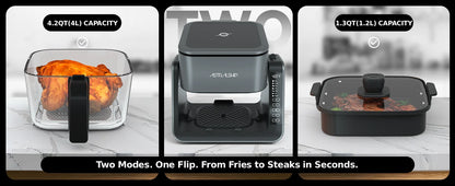 2-in-1 Glass Air Fryer & Grill Combo, 4.2 QT + 1.3 QT Capacity, 7 Digital Presets, Small, Non-Toxic See-Through Glass Bowl