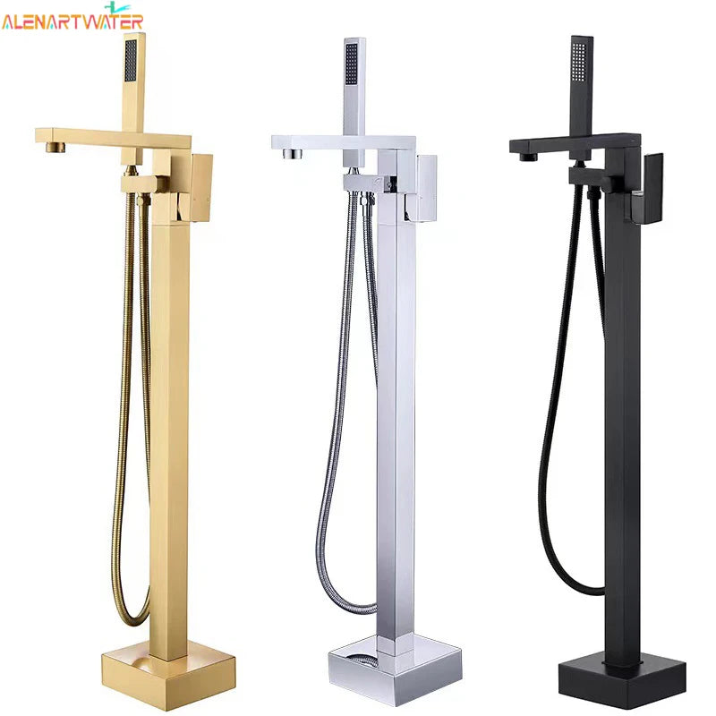 Matte Black Square Bathtub Shower Faucets Floor Standing Faucet Hot Cold Water Shower Mixer Tap Bathroom Waterfall Mixer
