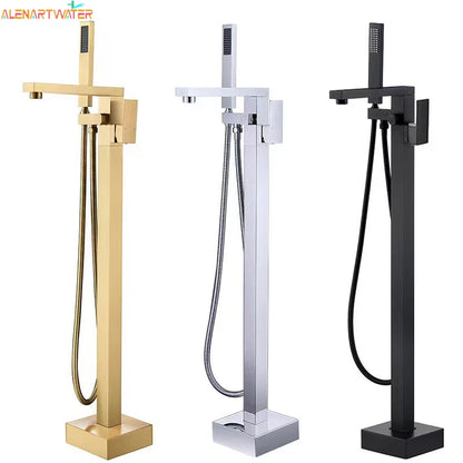 Matte Black Square Bathtub Shower Faucets Floor Standing Faucet Hot Cold Water Shower Mixer Tap Bathroom Waterfall Mixer
