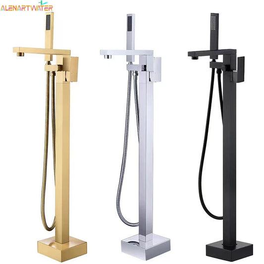 Matte Black Square Bathtub Shower Faucets Floor Standing Faucet Hot Cold Water Shower Mixer Tap Bathroom Waterfall Mixer