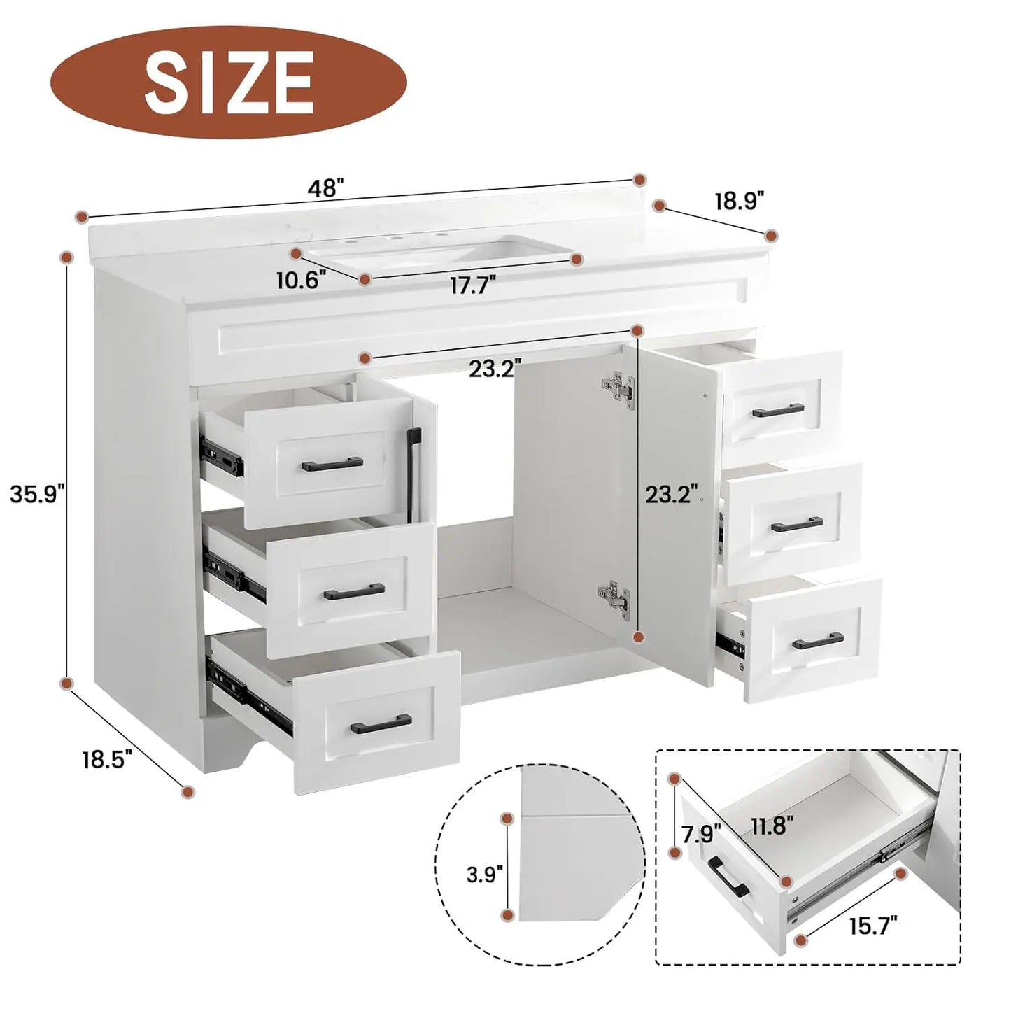48" White Stone Top Vanity Soft Close Doors Drawers
