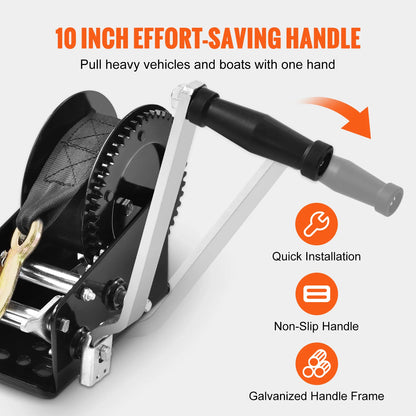 Hand Winch for Boat Trailer Winch Heavy Duty Rope Crank Polyester Strap & Two-Way Ratchet Manual Operated Hand Crank Winch